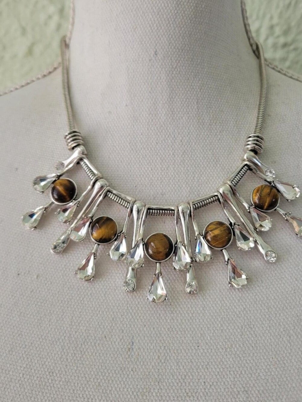 Silver & brown tiger eye necklace with crystal accents